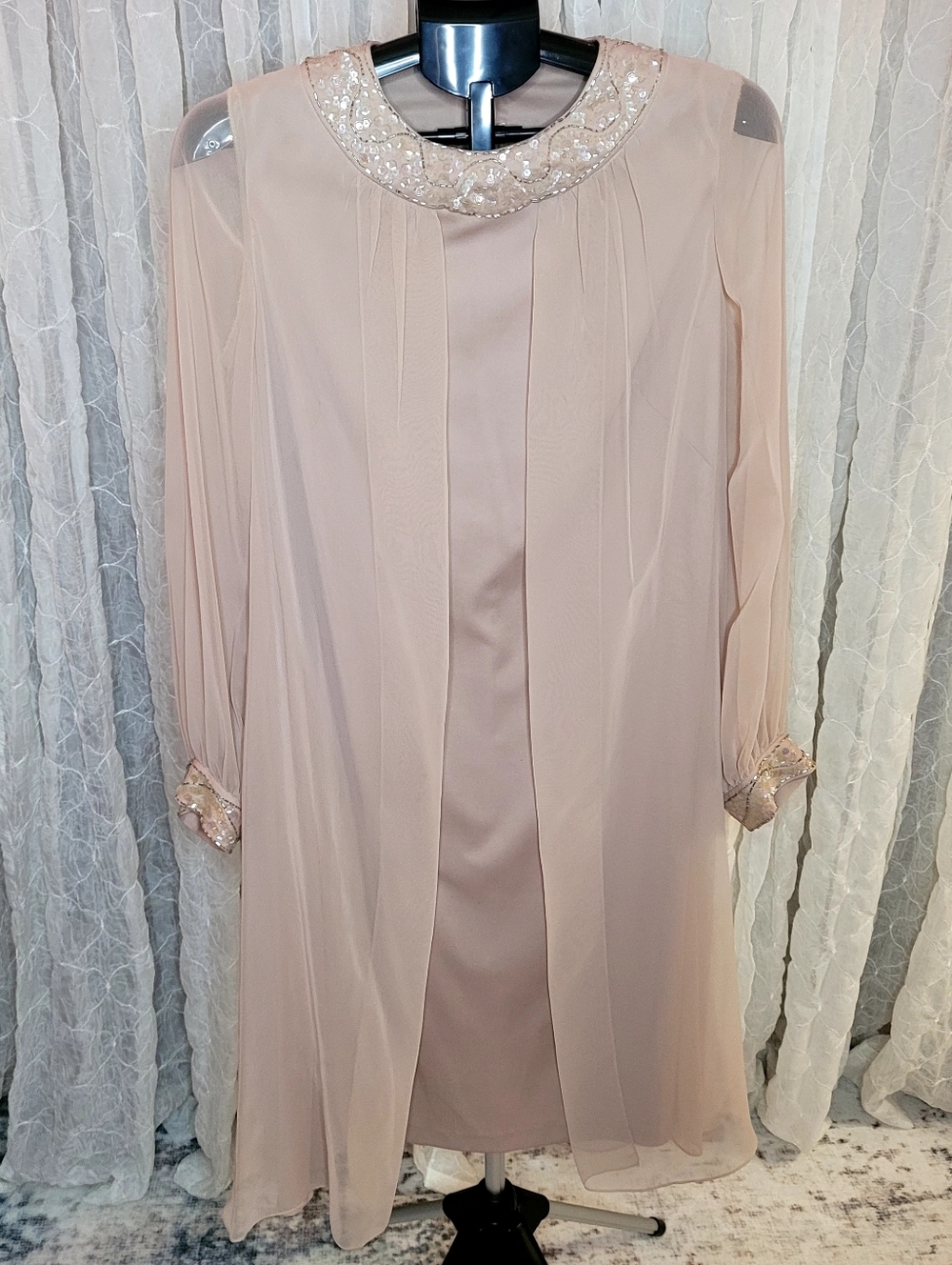 Vintage 70s Beaded Chiffon Float Dress Union Made USA ILGWU Blush Pink Sheer